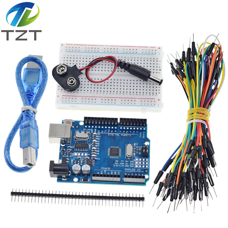 TZT Starter Kit for arduino Uno R3 - Bundle of 5 Items: Uno R3, Breadboard, Jumper Wires, USB Cable and 9V Battery Connector