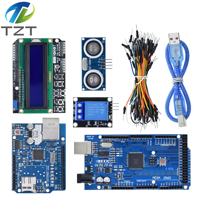 TZT Mega 2560 r3 for arduino kit + HC-SR04 +breadboard cable + relay module+ W5100 UNO shield + LCD 1602 Keypad shield