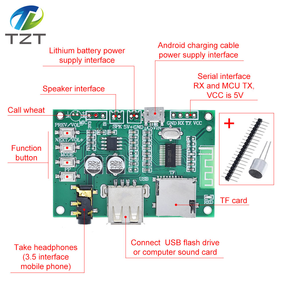 TZT BT201 Dual Mode 5.0 Bluetooth Lossless Audio Power Amplifier Board Module Tf Card U Disk Ble Spp Serial Port Transparent Trans
