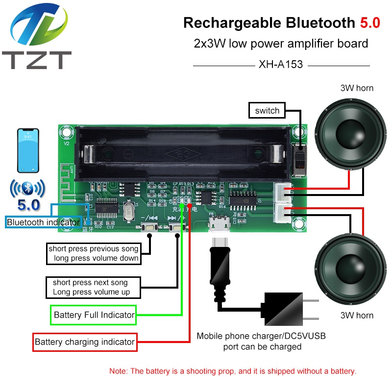 TZT XH-A153 Lithium Battery Bluetooth 5.0 Dual-channel 2 Ch Channel Stereo Low Power Amplifier Board 3W+3W DC 5V PAM8403 Chip
