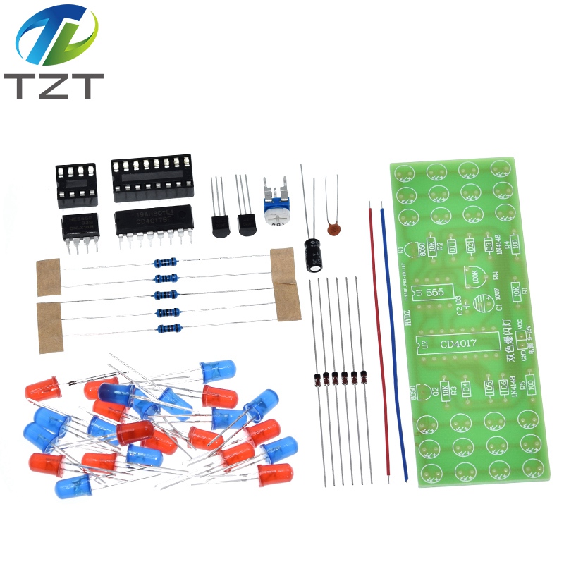 TZT NE555 CD4017 IC LED Electronic Lights Kits Red Blue Dual-Color DIY Kit Strobe Electronic Suit Flashing Lights Components DIY