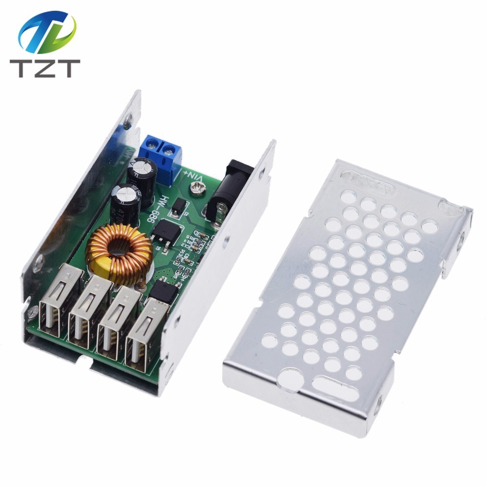 TZT DC-DC 9V 12V 24V 36V To 5V Step Down Board 5A 4 USB Output Buck Converter Power Supply Module with Aluminum Shell For Phones