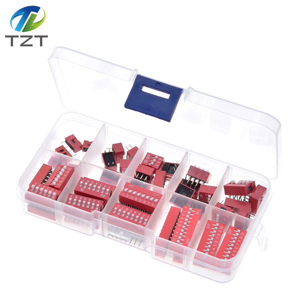 TZT 45PCS Dip Switch Kit In Box 1 2 3 4 5 6 7 8 10 Way 2.54mm Toggle Switch Red Snap Switches Mixed Kit Each 5PCS Combination Set