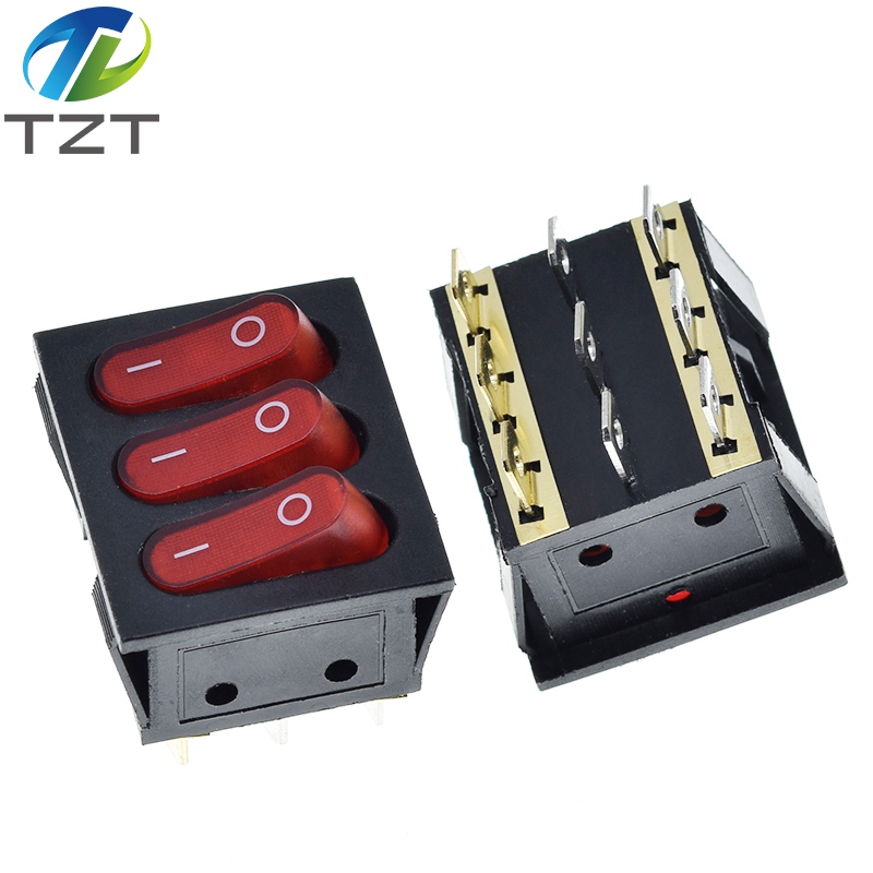 TZT 1PCS On-Off KCD3 9Pin Red 16A/250V AC Light Boat Car Rocker Switch KCD3 Triple Light Switch Button KCD3-303