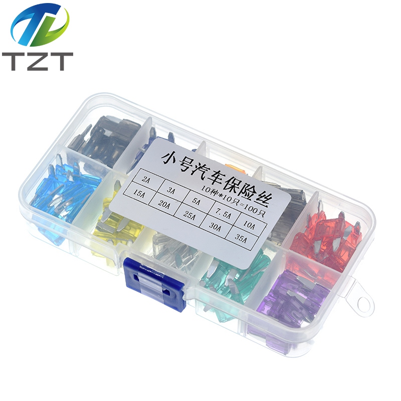 TZT 100pcs/lot Car Auto Medium Size Standard Blade Fuse Box Plastic Box Assortment with 2A 3A 5A 7.5A 10A 15A 20A 25A 30A 35A Fuses