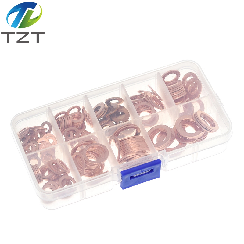 TZT 200pcs M5-M14 Professional Assorted Copper Washer Gasket Set Flat Ring Seal Assortment Kit with Box For Hardware Accessories