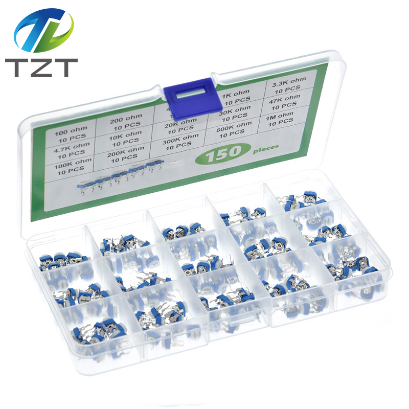 TZT 150pcs RM065 Trimmer Potentiometer Kit 100/220/470/1K/3.3K/4.7K/10K/20K/30K/47K/100K/200K/300K/500K/1M ohm RM-065 Potentiometer