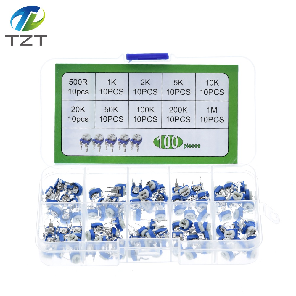 TZT 100Pcs/Box RM065 Carbon Film Horizontal Trimpot Potentiometer Assortment Kit 10 Values Variable Resistor 500R - 1M