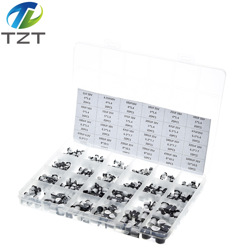 TZT 1uF~1000uF 6.3V-50V 400Pcs 24Value SMD Aluminum Electrolytic Capacitors Assortment Kit+ Box