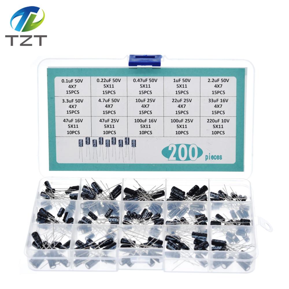 TZT 200pcs/lot Radial capacitors set 15Values 0.1uF-220uF Electrolytic Capacitor Assortment Kit 10V/16V/25V/50V capacitor pack