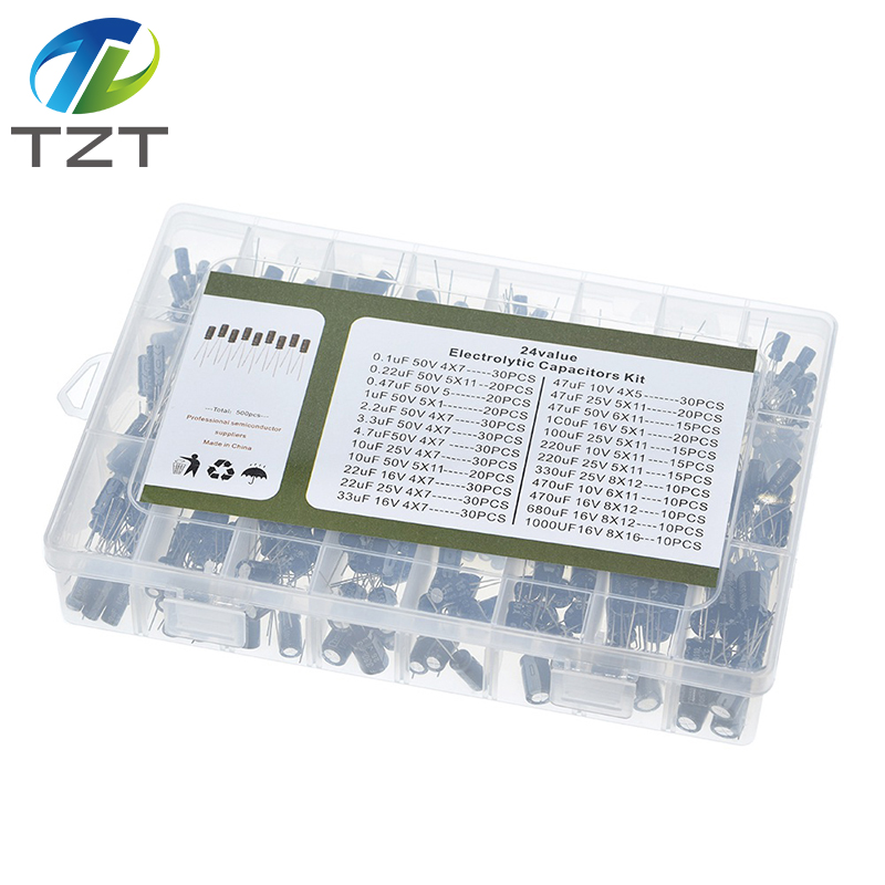TZT 500Pcs/lot 0.1UF-1000UF 24Values Aluminum Electrolytic Capacitors 16-50V mix Electrolytic capacitor Assorted kit and storage box
