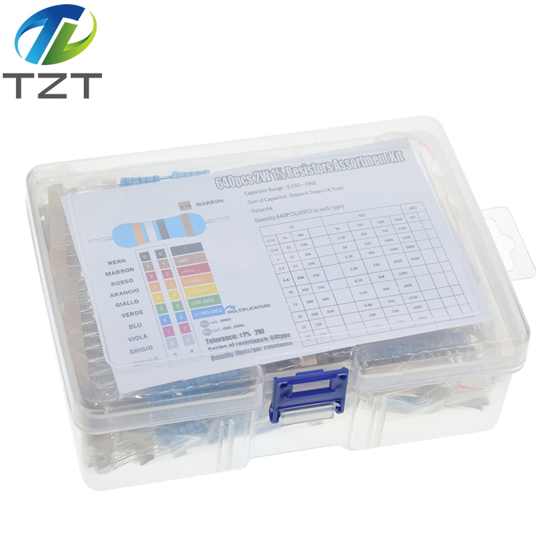 TZT 640Pcs 2W 1% 0.33R-1M 64ValuesX10Pcs Metal Film Resistor Kit Set For Arduino