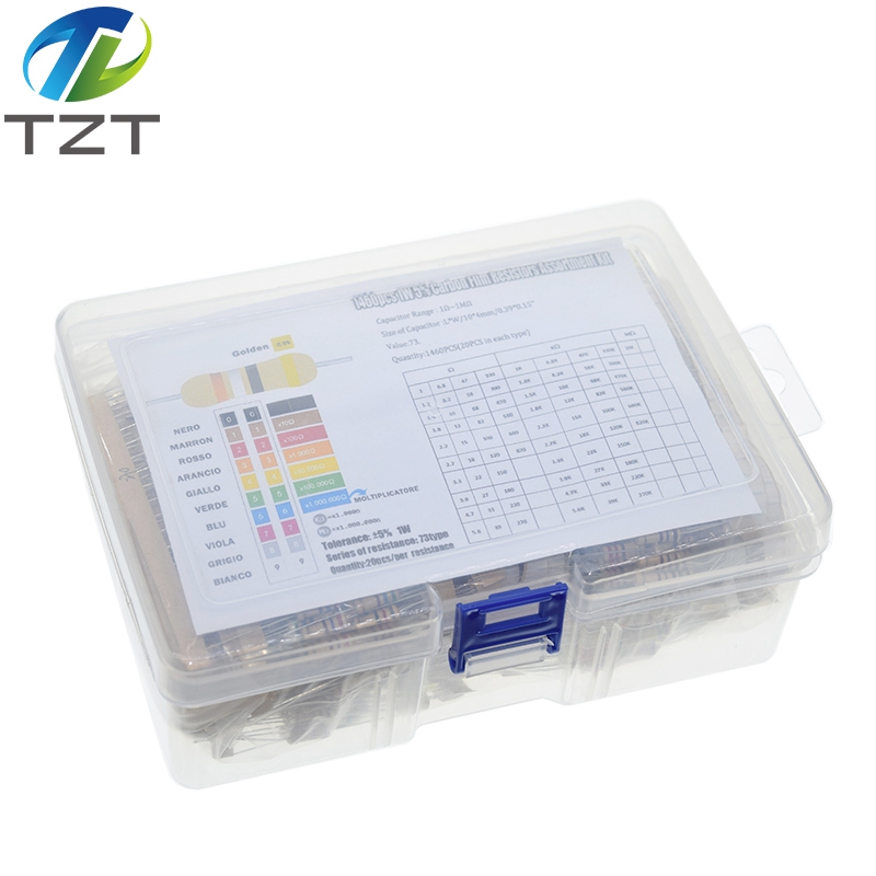 TZT 1460PCS Resistance Assortment Set 1W 5% 73 Values*20PCS 1-1M Ohm High Precision  Carbon Film Resistors Assorted Kit