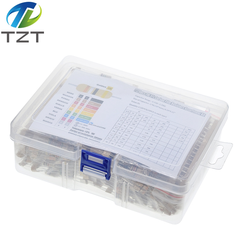 TZT 1120Pcs 1W 5% 56Values 0.33Ω - 2.2MΩ Ohm Carbon Film Resistance Assorted Kit Set