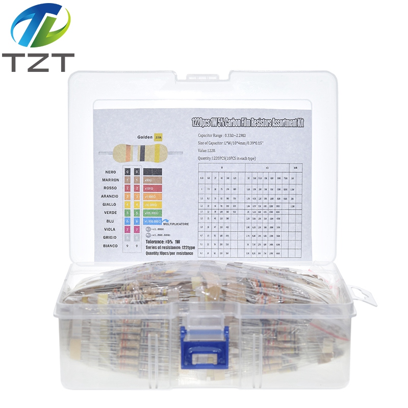 TZT 1220PCS/Lot 1W 5% 122Values 0.33-2.2M Ohm Carbon Film Resistor Assorted Kit Set
