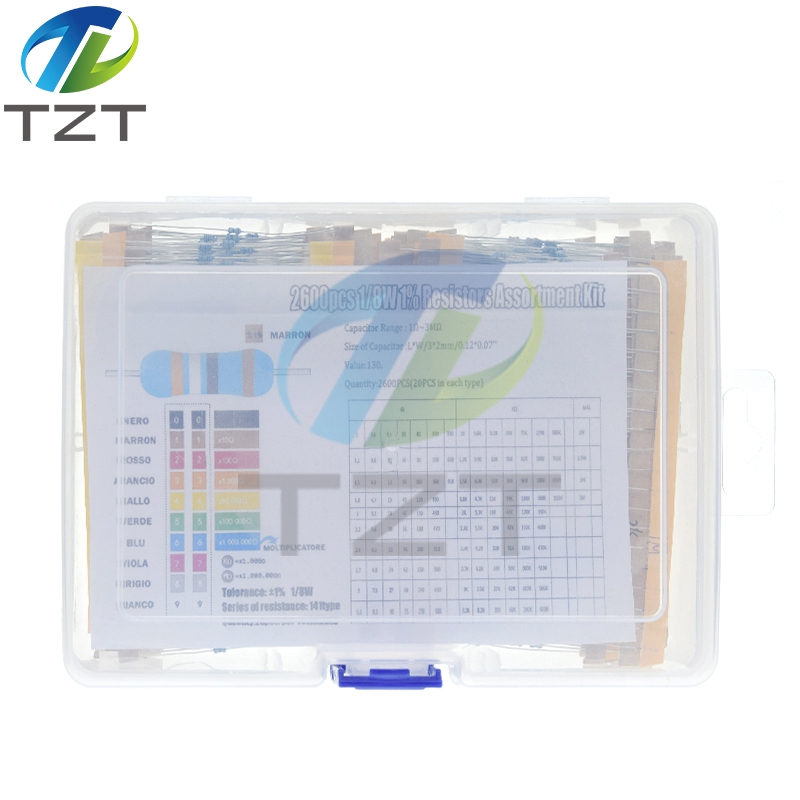 TZT 2600Pcs 130 Values 1/8W 0.125W 1% Metal Film Resistors Assorted Pack Set Resistors Assortment Kits Fixed Capacitors