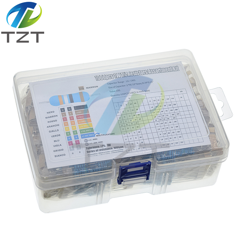 TZT 1000Pcs 100Values Each 10Pcs Metal Film Resistor 1% 1W Assorted Kit (1 ohm~ 1M ohm Capacitor Range ) Hot Sale