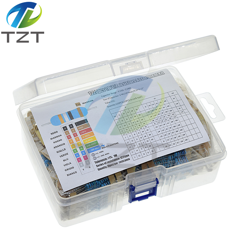 TZT 1220pcs/Lot 1W Metal Film Resistor Kit 1% 0.33 - 2.2M ohm 122 ValuesX10pcs Resistance Set Assortment Pack