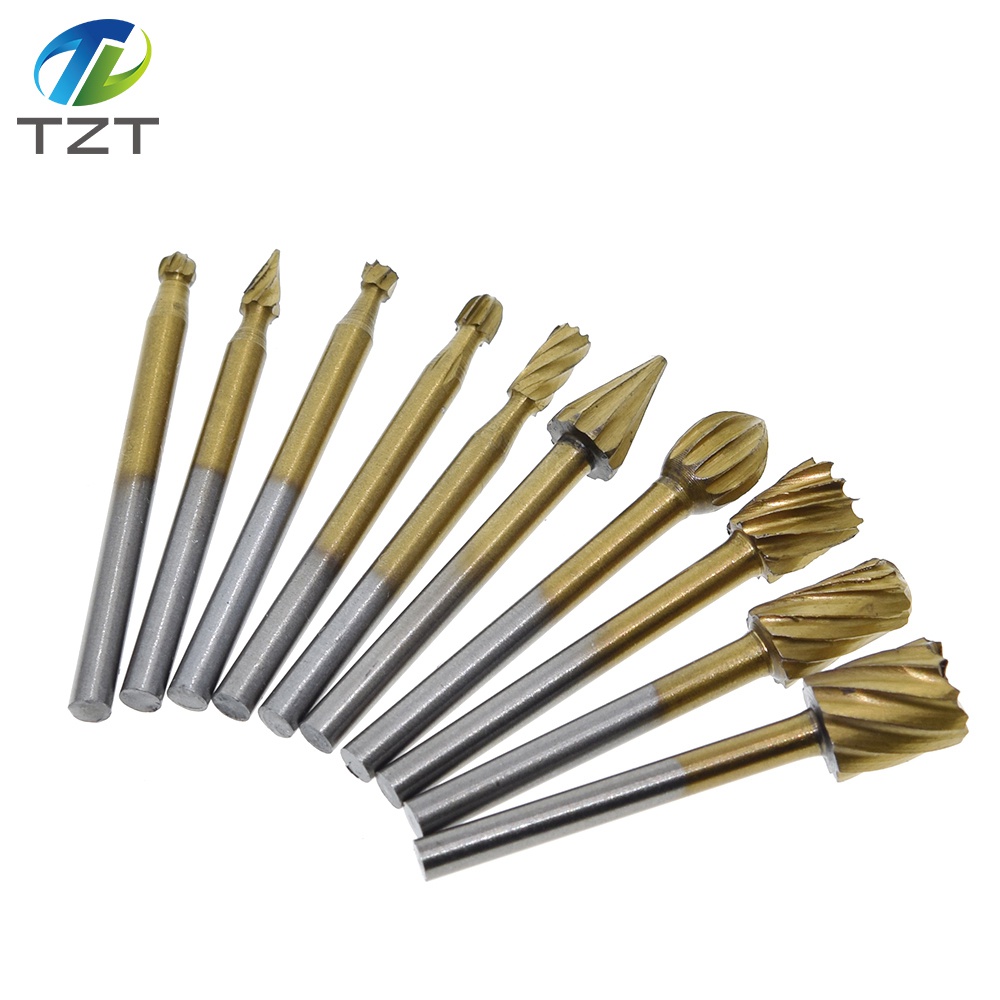 TZT 10PCS 1/8 HSS Routing Router Drill Bits Set Dremel Carbide Rotary Burrs Tools Wood Stone Metal Root Carving Milling Cutter