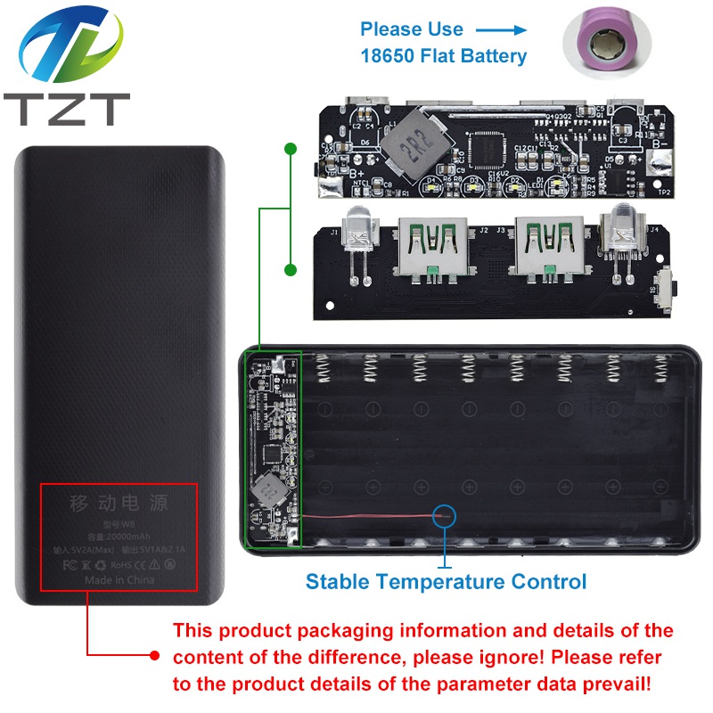 TZT QC4.0 QC3.0 Dual USB Micro/Type-C USB 10*18650 Power Bank Battery Box 5V 4.5A 22.5W 30000mAh Mobile Phone Charger DIY Shell