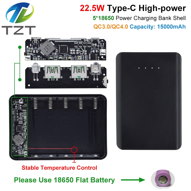 TZT QC4.0 QC3.0 Dual USB Micro/Type-C USB 5*18650 Power Bank Battery Box 5V 4.5A 22.5W 15000mAh Mobile Phone Charger DIY CASE