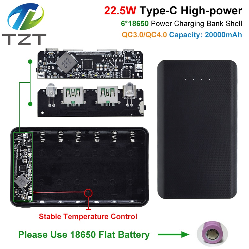 TZT QC4.0 QC3.0 Dual USB Micro/Type-C USB 6*18650 Power Bank Battery Box 4.5A 22.5W 20000mAh Mobile Phone Charger DIY Shell Case