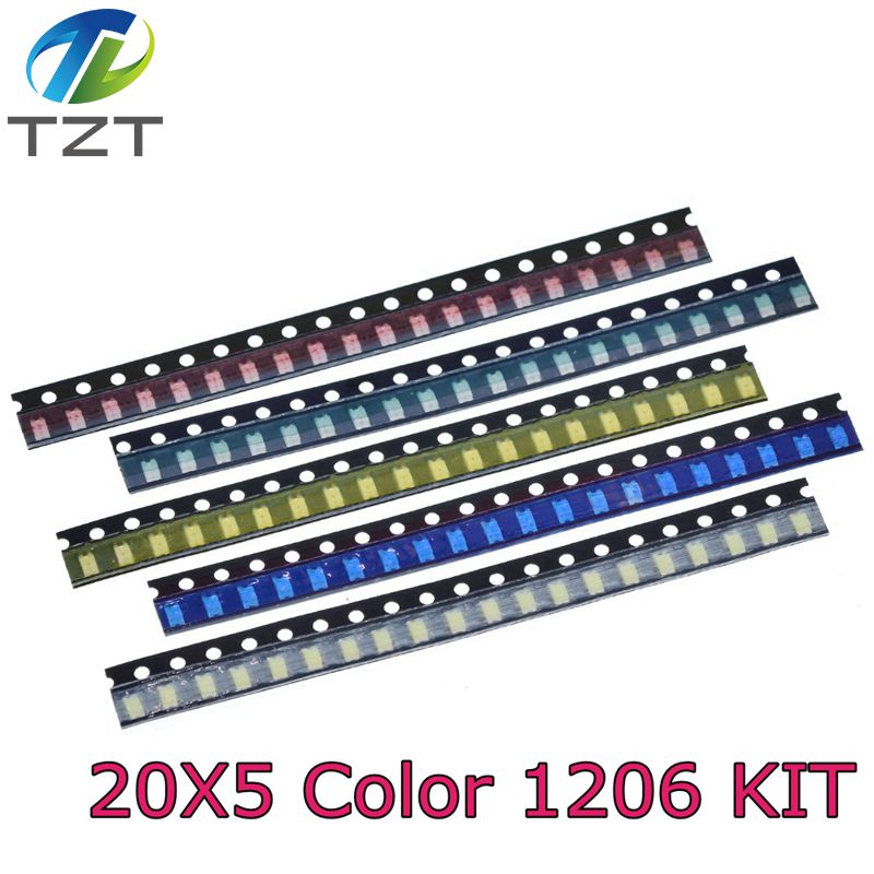 TZT 100pcs=5 colors x20pcs 1206 SMD LED light Package Red White Green Blue Yellow 1206 led kit
