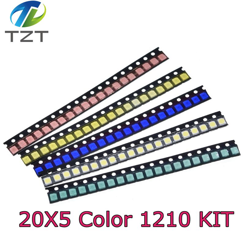 TZT 100pcs/lot 5 Colors SMD 1210 Led DIY kit Ultra Bright Red/Green/Blue/Yellow/White Water Clear LED Light Diode set