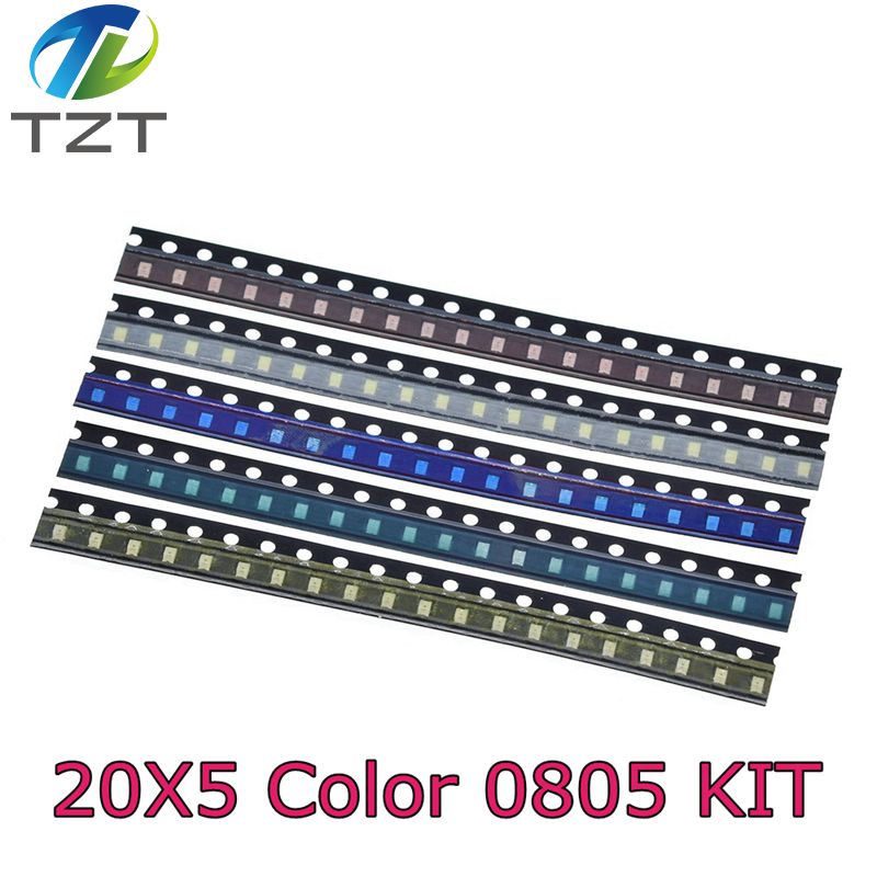 TZT 100pcs/lot 5 Colors SMD 0805 Led DIY kit Ultra Bright Red/Green/Blue/Yellow/White Water Clear LED Light Diode set