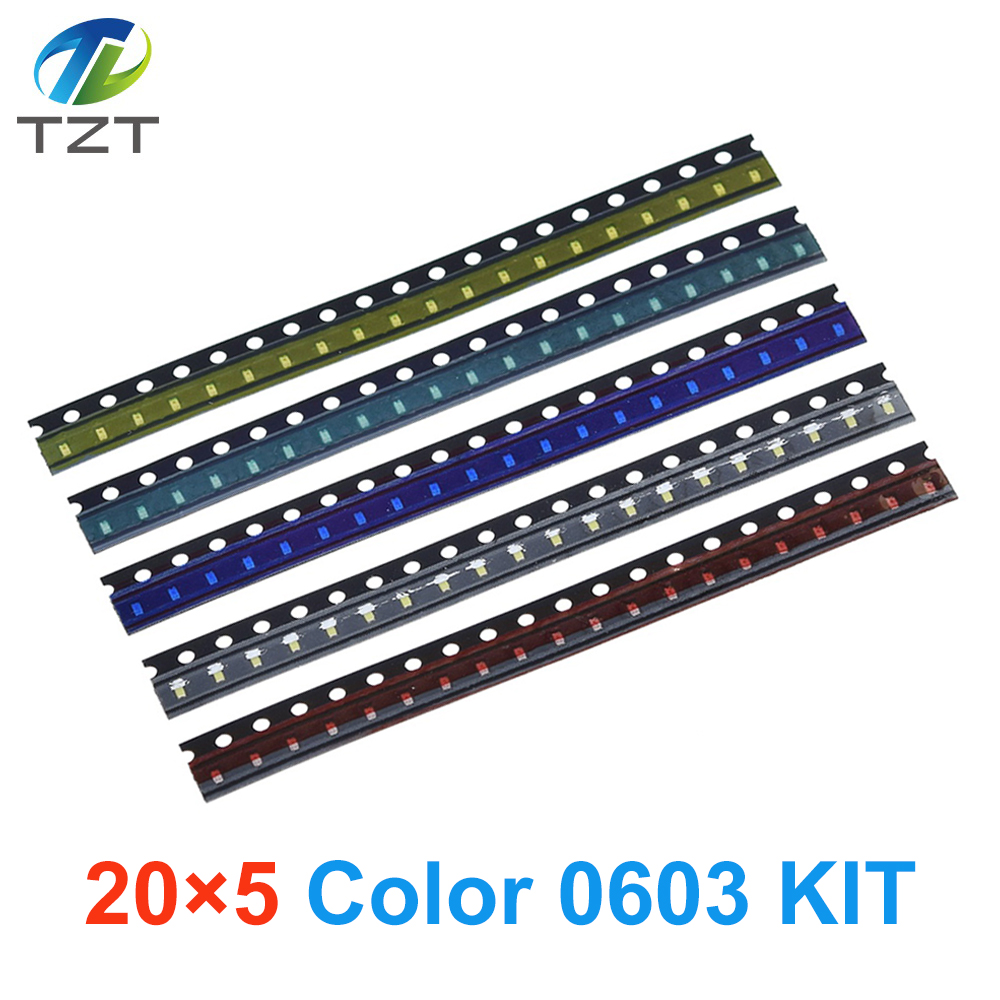 TZT 5 Colors x20 Pcs =100pcs SMD 0603 LED DIY Kit Super Bright Red/Green/Blue/Yellow/White Water Clear LED Light Diode Set