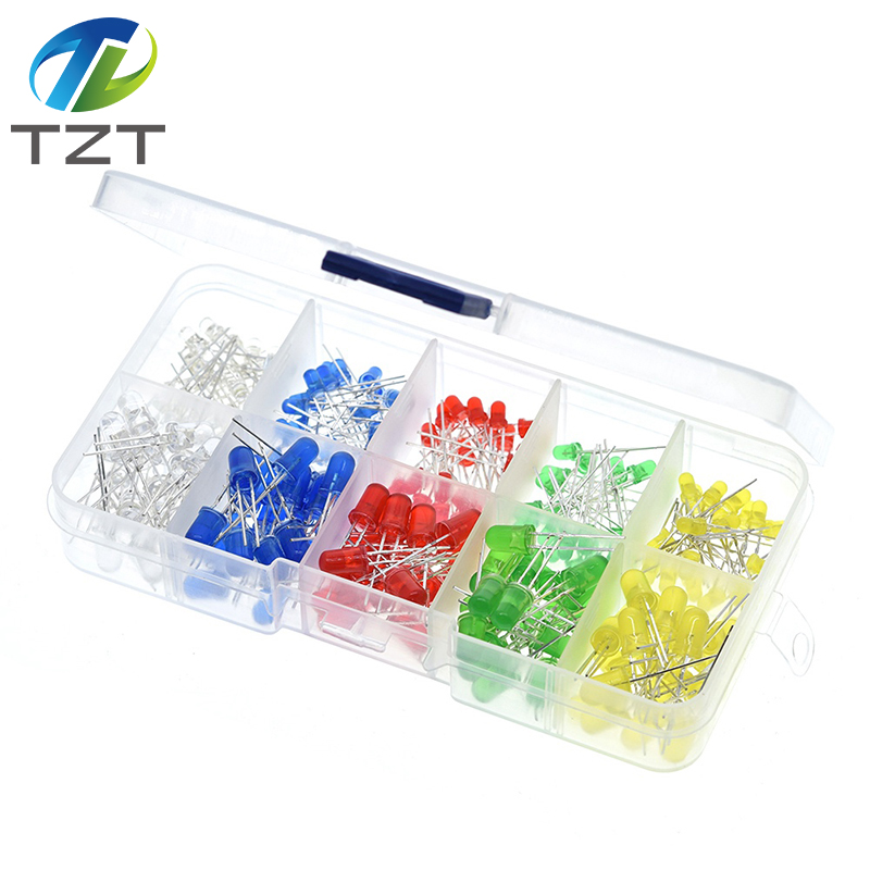 TZT 200PC/Lot 3MM 5MM Led Kit With Box Mixed Color Red Green Yellow Blue White Light Emitting Diode Assortment 20PCS Each New