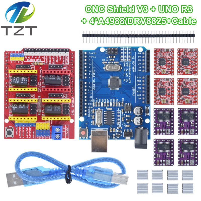 TZT CNC Shield V3 Engraving Machine 3D Printe+ 4pcs DRV8825 Or A4988 Driver Expansion Board For Arduino + UNO R3 With USB Cable