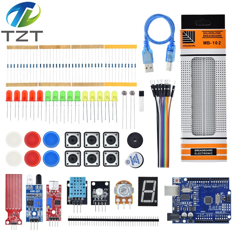 TZT Starter Kit for Arduino Uno R3 Breadboard Basic learning kit, sound/water level/humidity/distance detection LED control