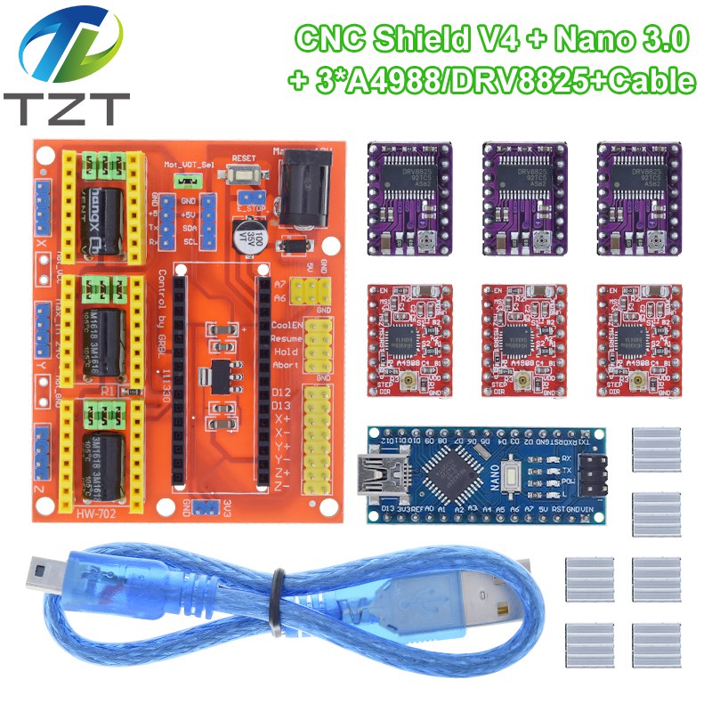 TZT 1SET 3DV4 CNC Shield V4 + Nano 3.0 + 3pcs DRV8825 or A4988  Reprap Stepper Drivers Set For  Arduino