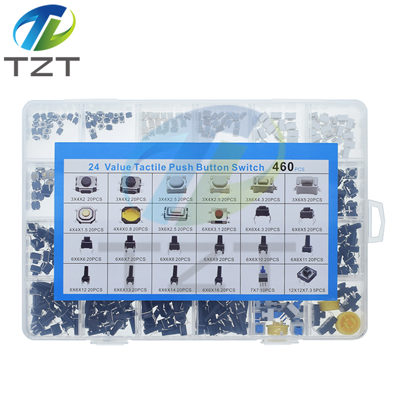 TZT 460pcs 24 Values Tactile Push Button Switch SMD Micro Momentary Tact Switch Assortment Kit for Car Remote Control with Box