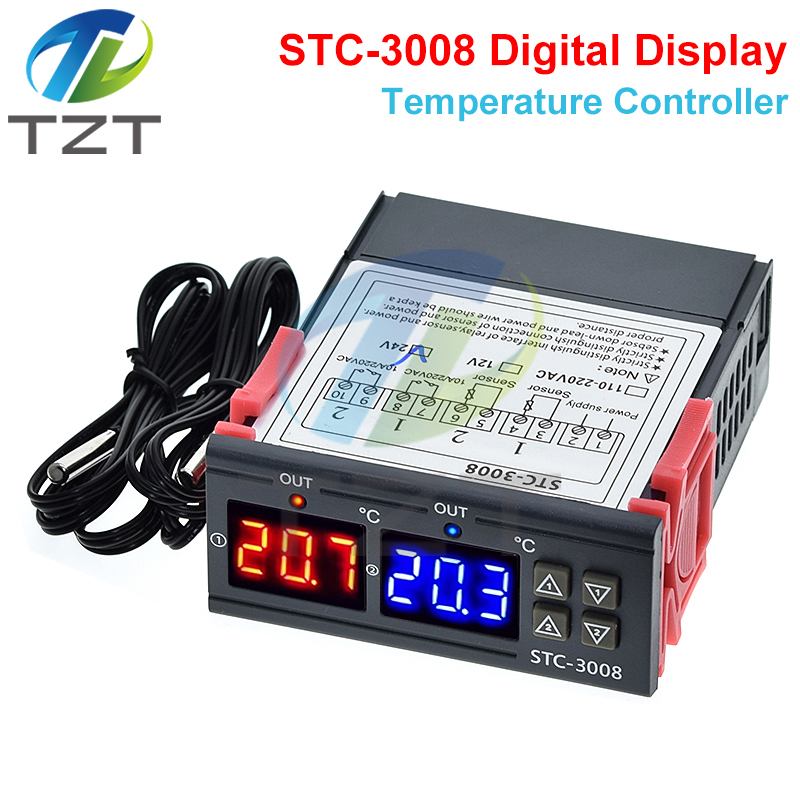 TZT Dual Digital STC-3008 Temperature Controller Two Relay Output Thermostat Heater with Probe 12V 24V 220V For Home