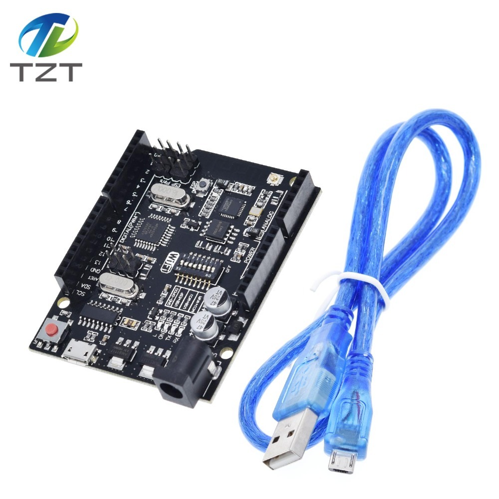 TZT UNO R3 + WiFi ATmega328P+ESP8266 (32Mb memory) USB-TTL CH340G For Arduino Uno NodeMCU WeMos ESP8266 One New Arrival