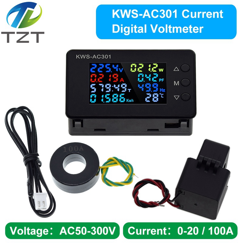 TZT Wattmeter Power Meter Voltmeter AC 50-300V Voltage 50-60HZ Power Analyzers LED AC Electricity Meter 0-20/100A Detector