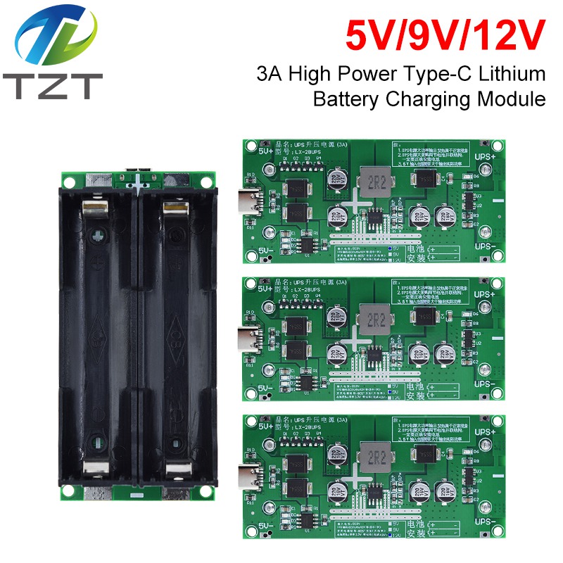 TZT Type-C 15W 3A 18650 Lithium Battery Charger Module DC-DC Step Up Booster Fast Charge UPS Power Supply / Converter 5V 9V 12V