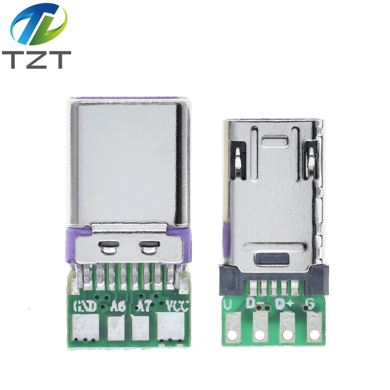 TZT 1PCS Micro Male Plug With PCB Solder Plate Double-sided Micro  Plug Usb Connector+ Type-C Male USB Connector With 4Pin PCB