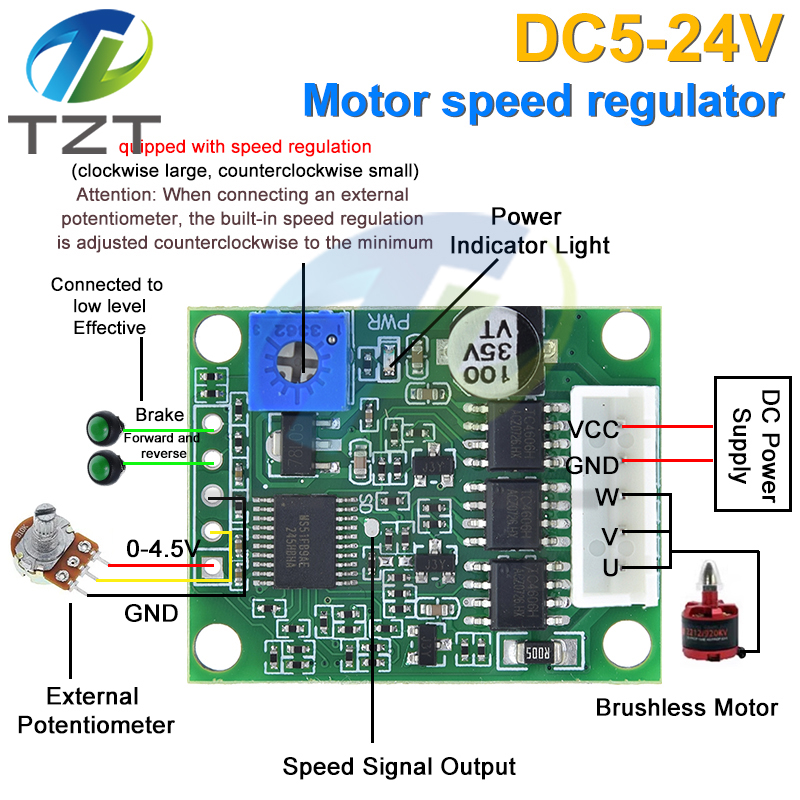TZT DC 6-20V 60W 12V Brushless Motor Driver Board BLDC Speed Controller 3 Phase Governor Hallless Switch Module With Cable